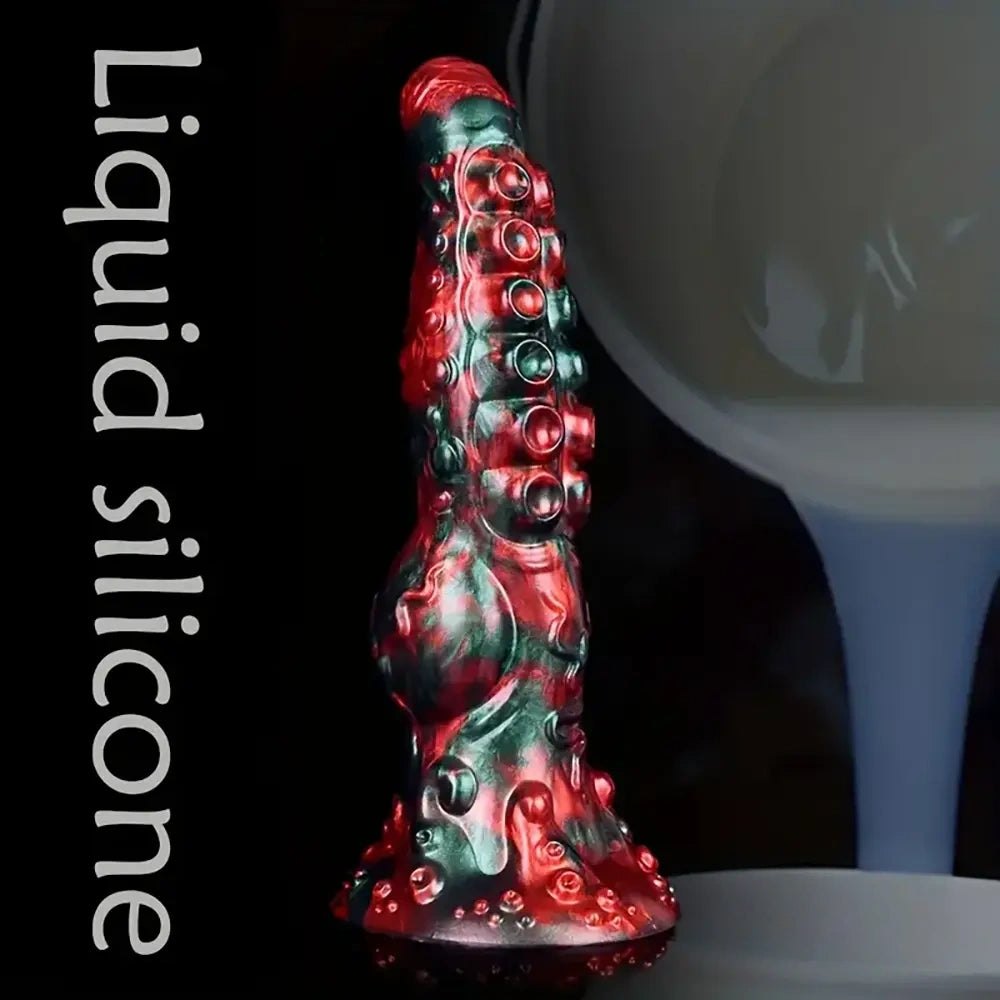 Red and green tentacle-textured silicone fantasy dildo, photo 4
