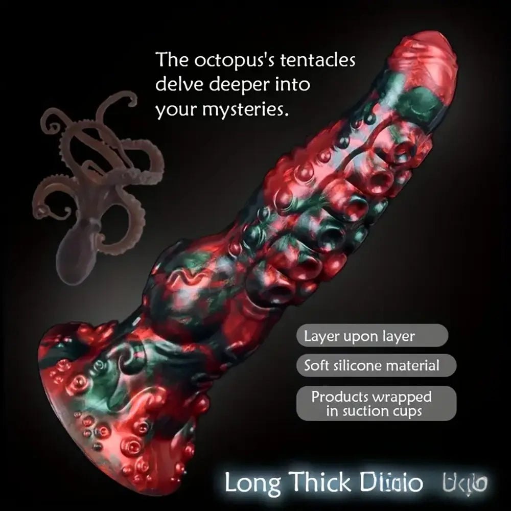 Red and green tentacle-textured silicone fantasy dildo, photo 5