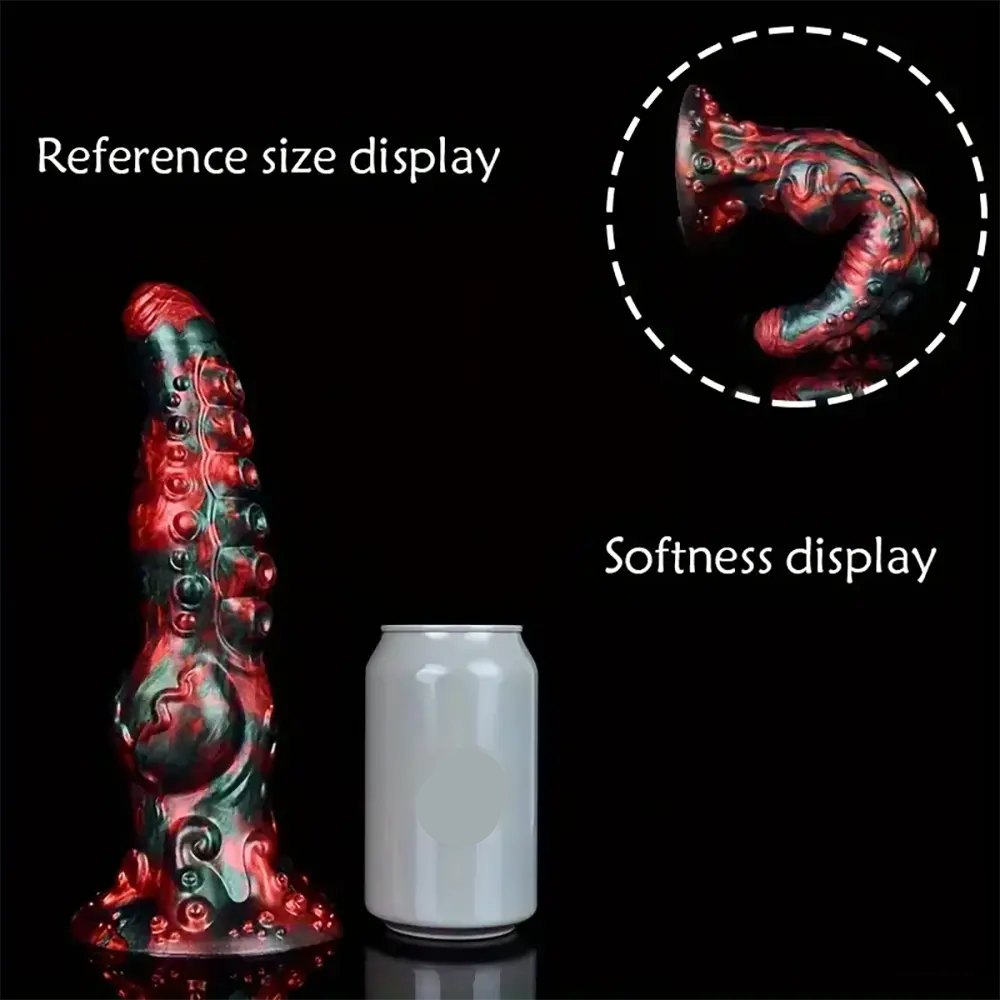Red and green tentacle-textured silicone fantasy dildo, photo 6