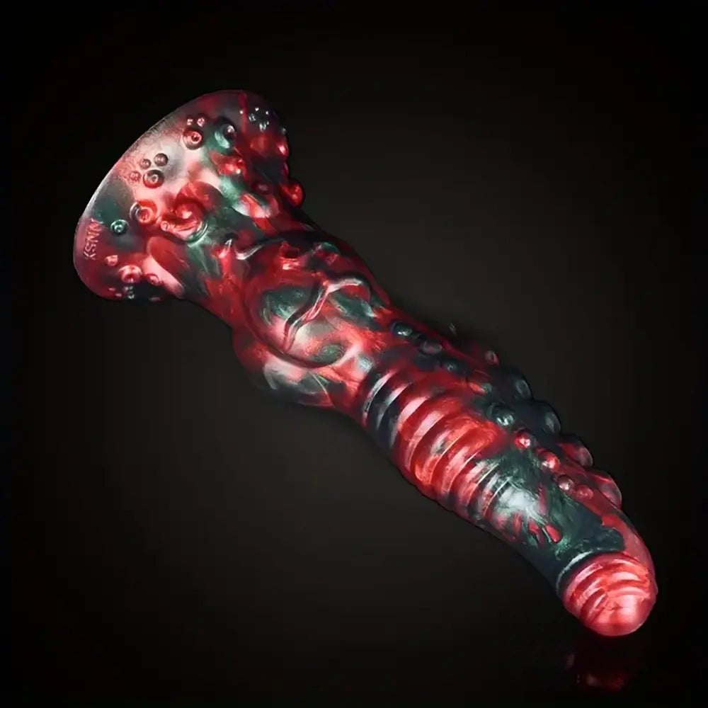 Red and green tentacle-textured silicone fantasy dildo, photo 7