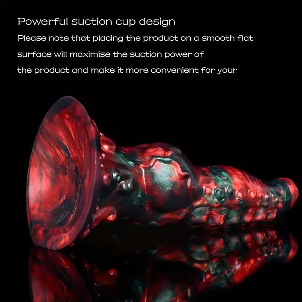 Red and green tentacle-textured silicone fantasy dildo, photo 8