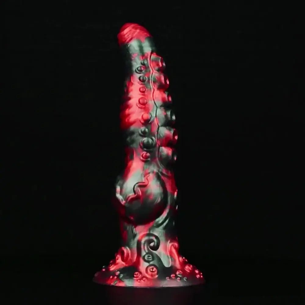 Red and green tentacle-textured silicone fantasy dildo, photo 9