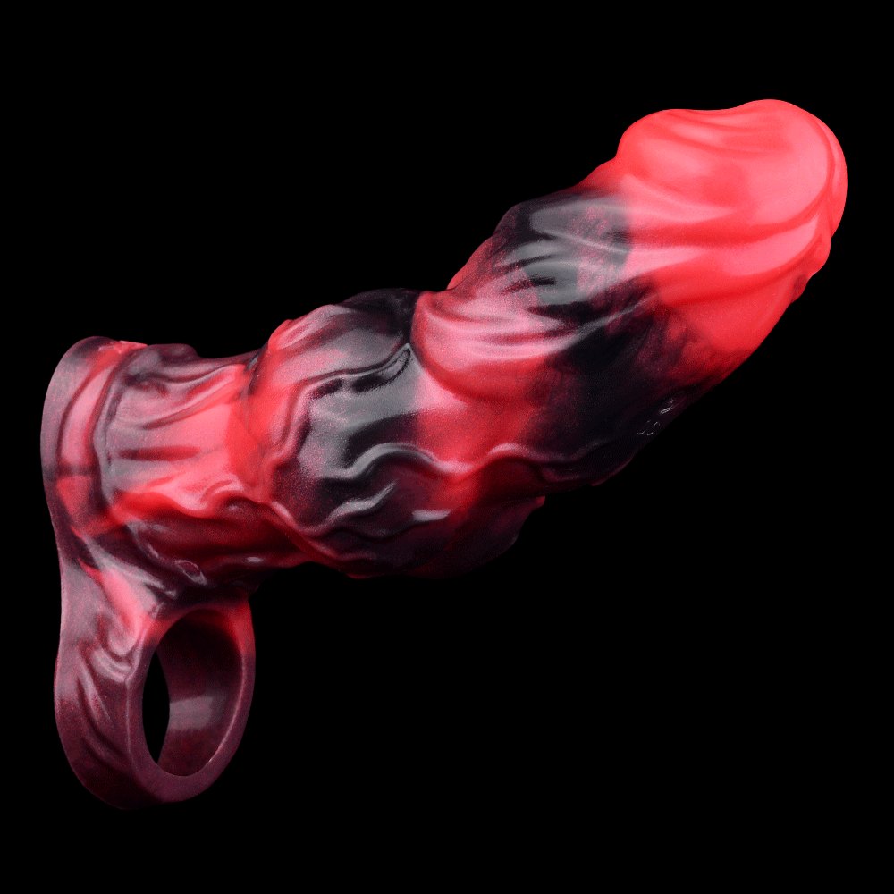 Red and black textured silicone cock sleeve, photo 12