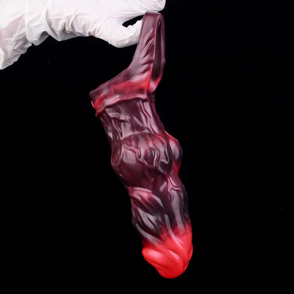 Red and black textured silicone cock sleeve, photo 13