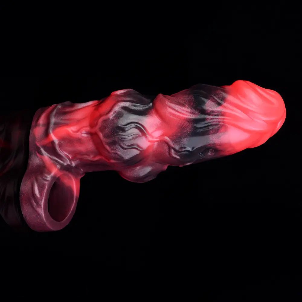 Red and black textured silicone cock sleeve, photo 15