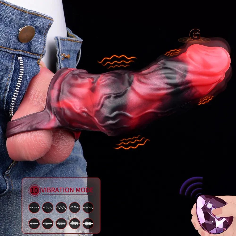 Red and black textured silicone cock sleeve, photo 4
