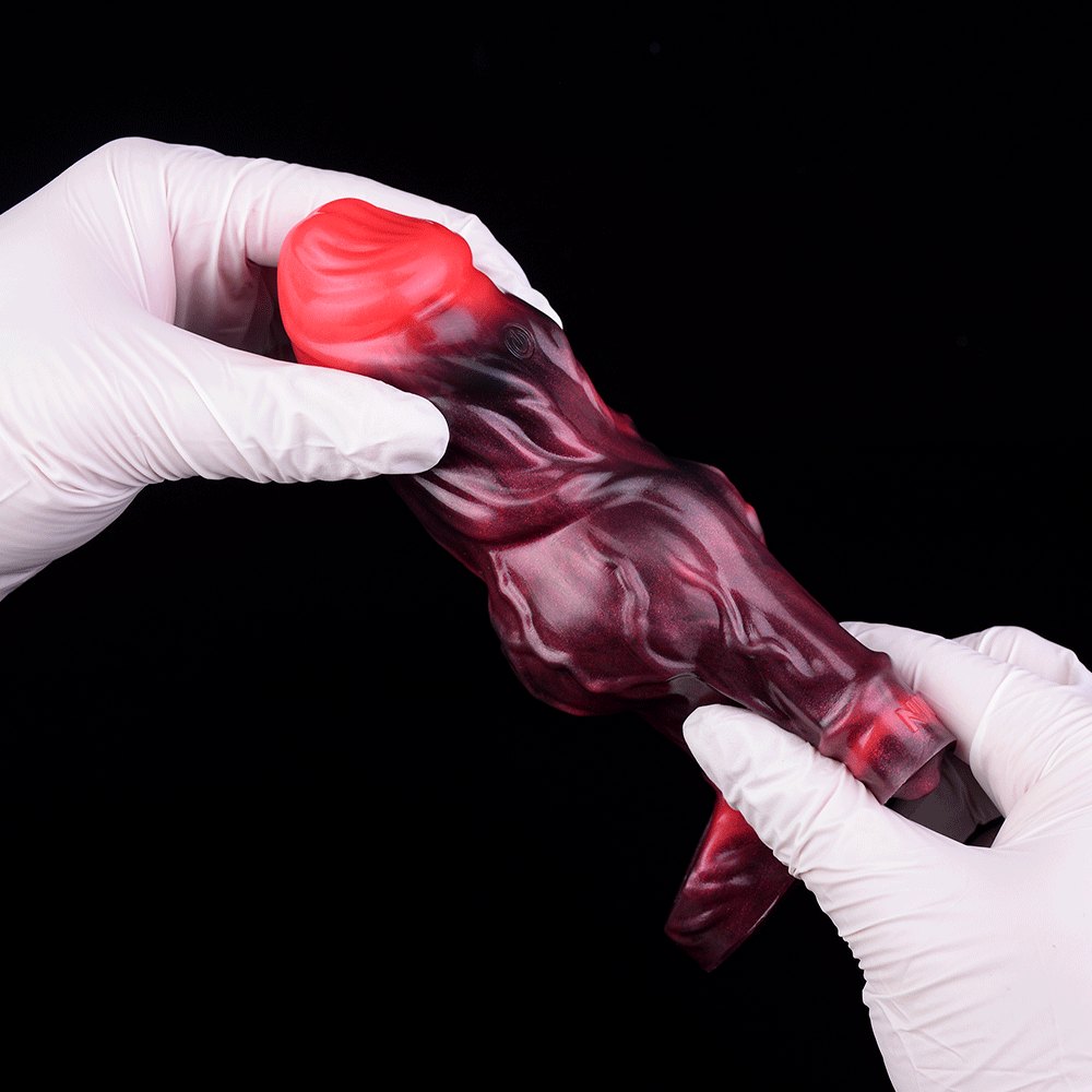 Red and black textured silicone cock sleeve, photo 7