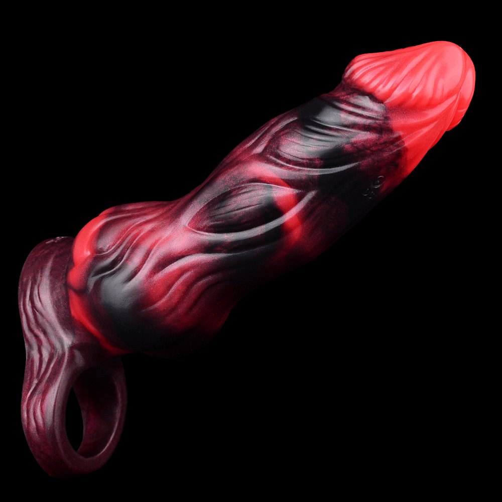 Red textured silicone fantasy cock sleeve, photo 12