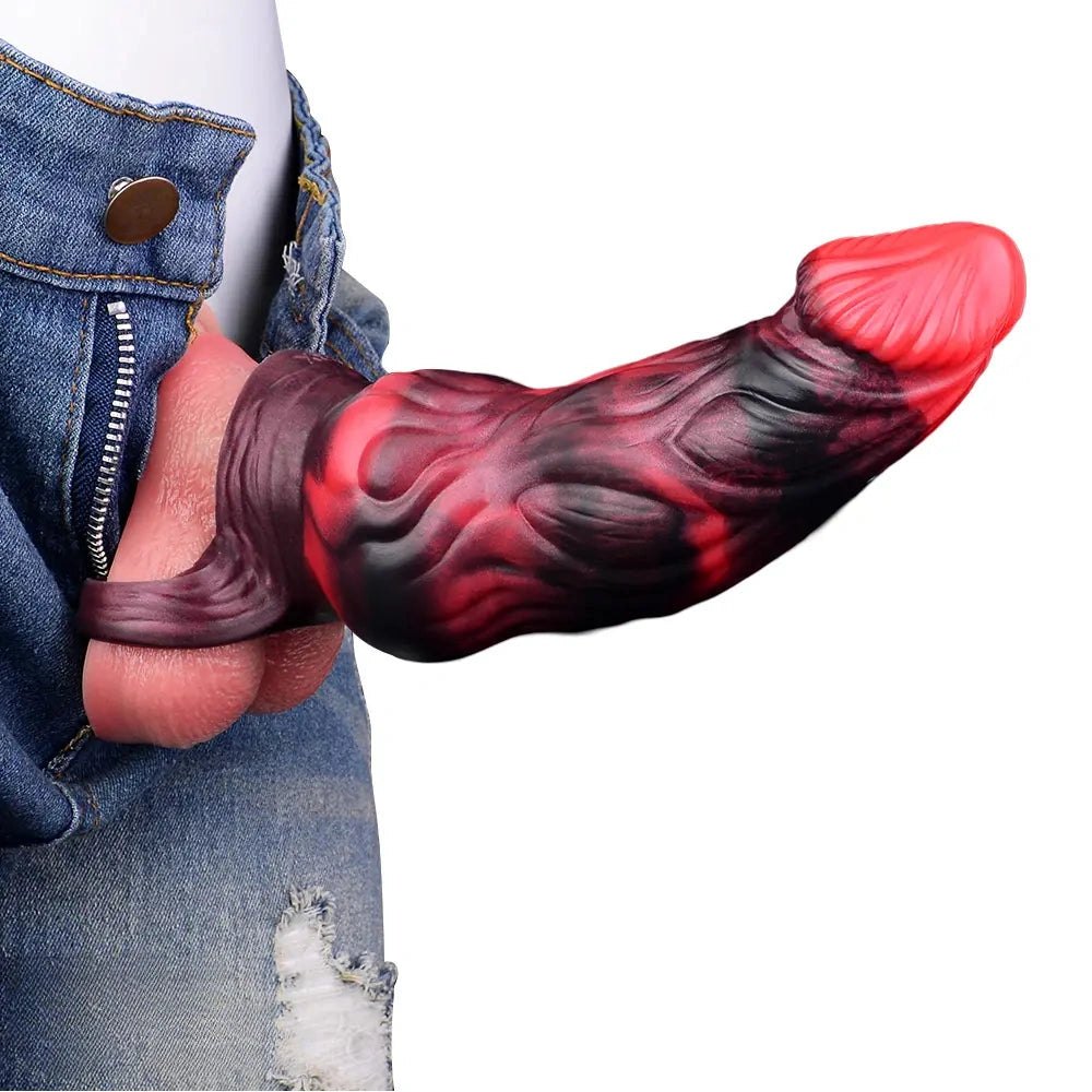 Red textured silicone fantasy cock sleeve, photo 4