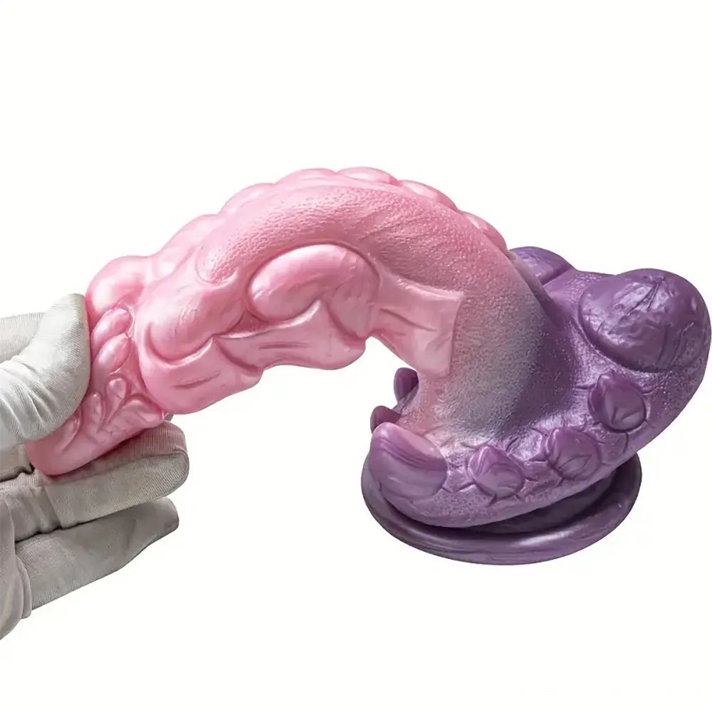 Pink and purple ombre textured fantasy dildo with suction cup base, photo 7