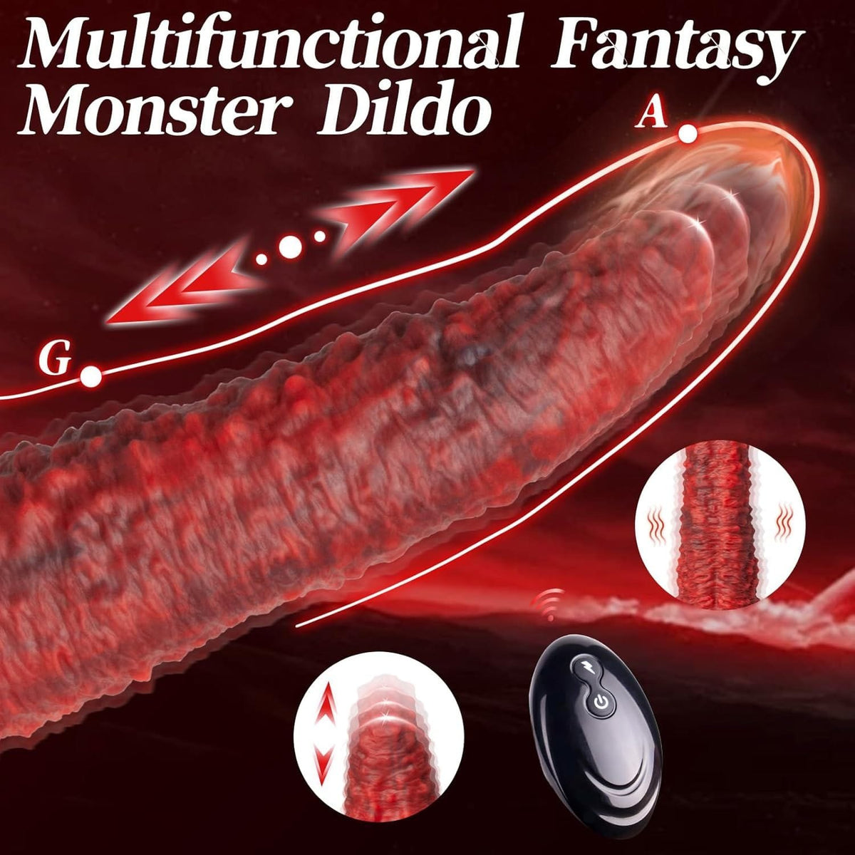 Red textured thrusting vibrating dildo, photo 3
