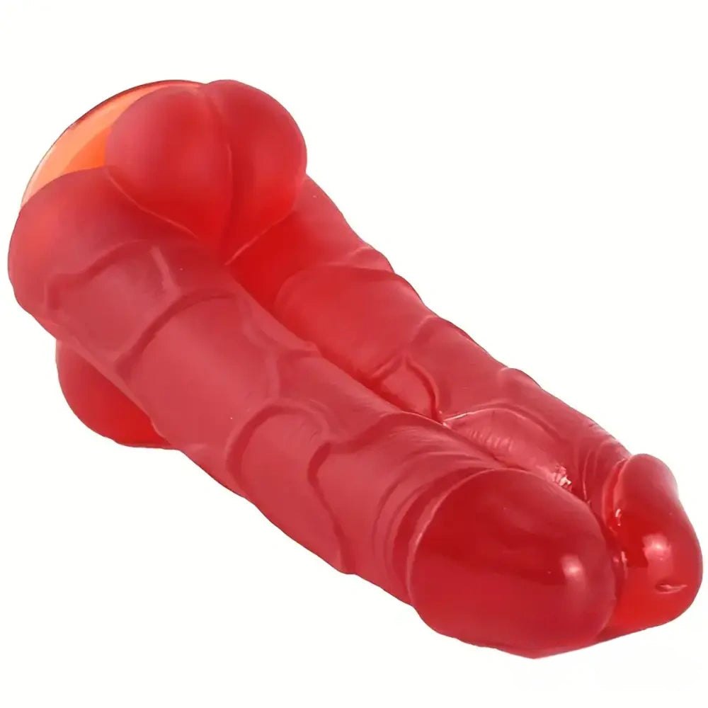 Red thick ribbed realistic dildo with rounded head