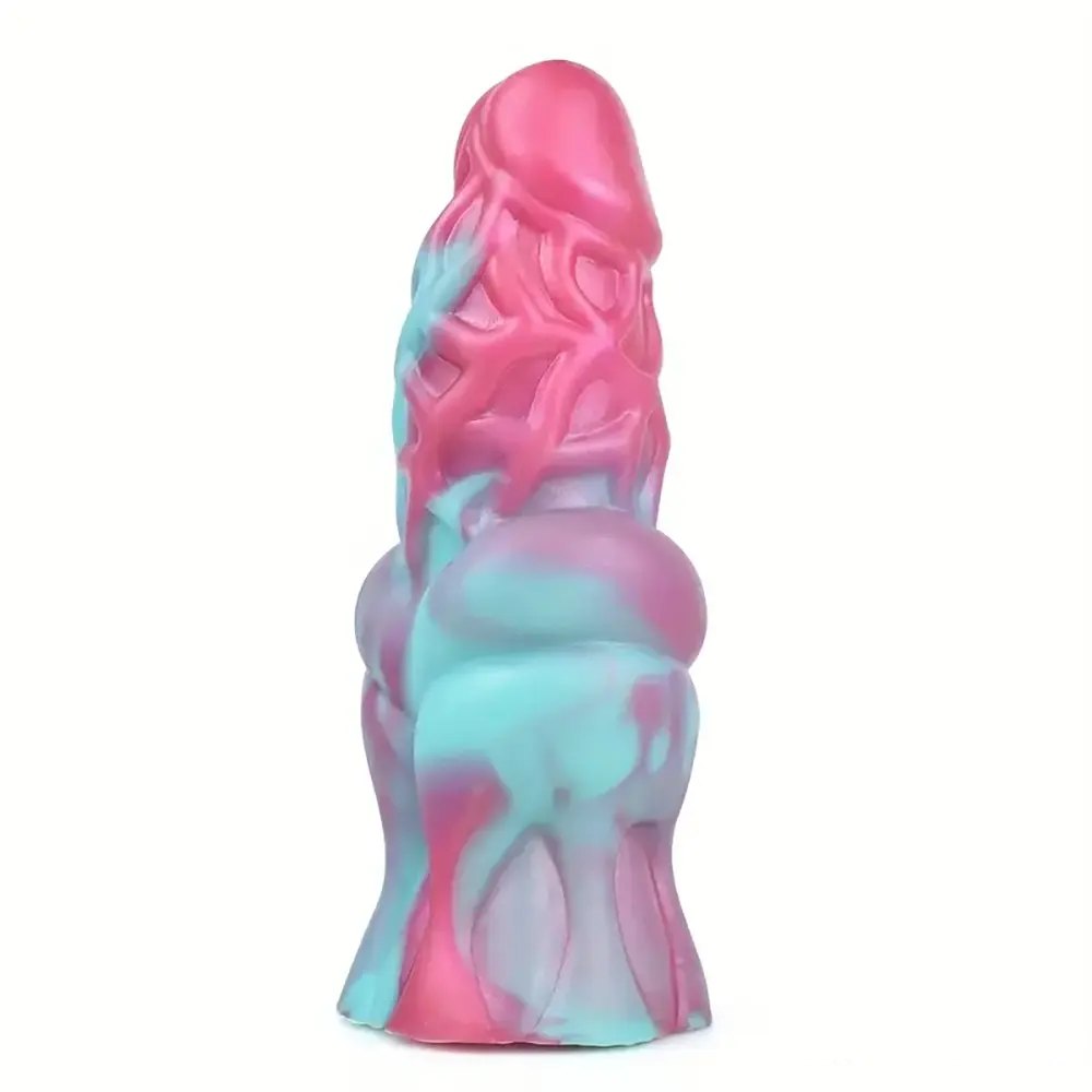 Thick textured silicone dildo with colorful ridged body, photo 10
