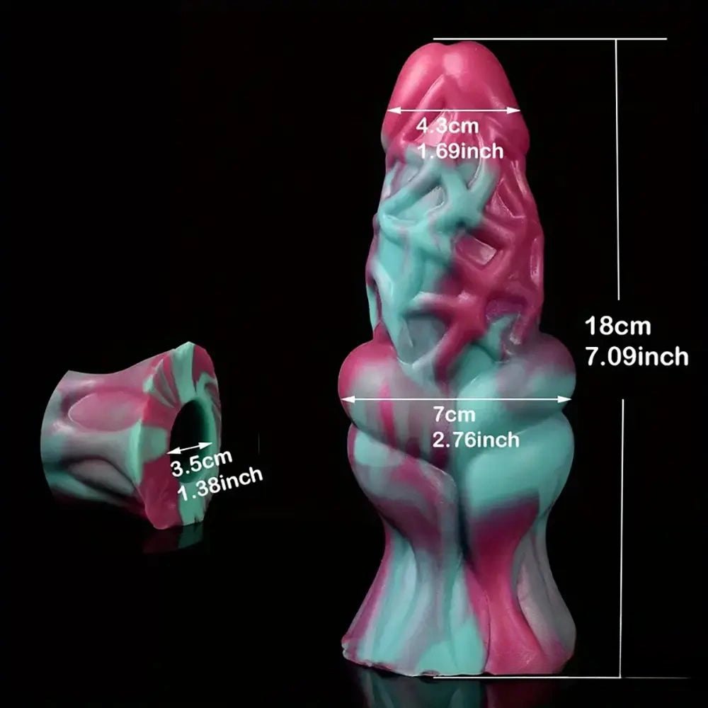 Thick textured silicone dildo with colorful ridged body, photo 11
