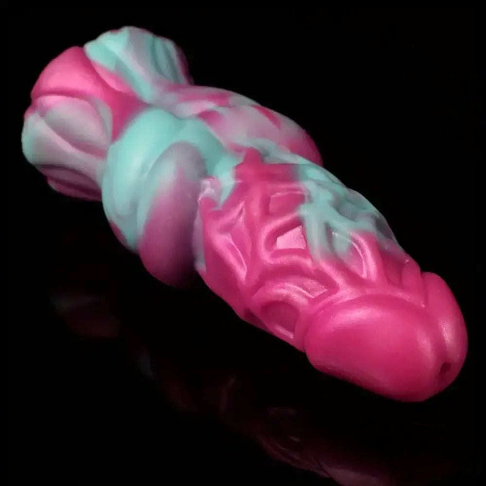 Thick textured silicone dildo with colorful ridged body, photo 7