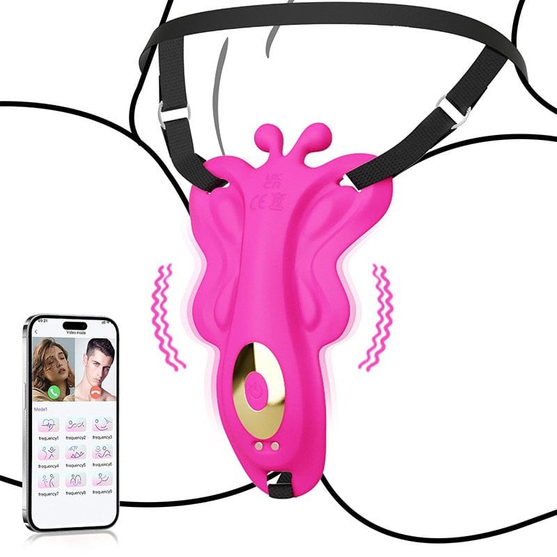 Red thong-style butterfly wearable vibrator with phone app