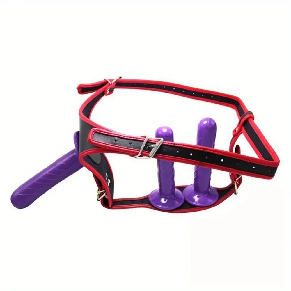 Purple strap-on harness set with three dildos