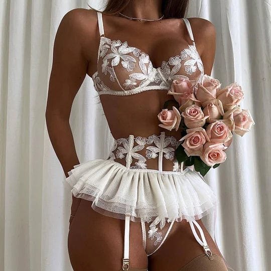 Embroidered lace three-piece lingerie set with garter skirt, photo 1