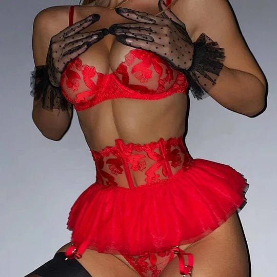 Embroidered lace three-piece lingerie set with garter skirt, photo 3