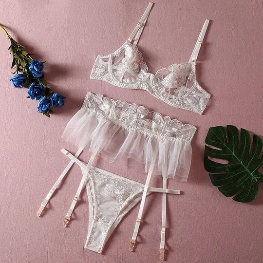Embroidered lace three-piece lingerie set with garter skirt, photo 5