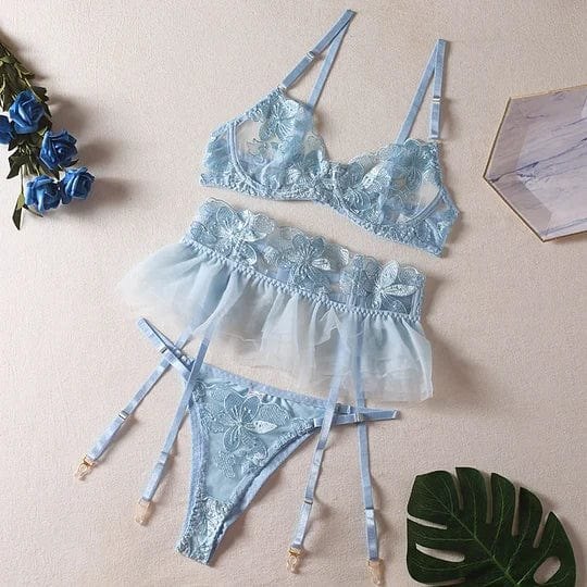 Embroidered lace three-piece lingerie set with garter skirt, photo 6