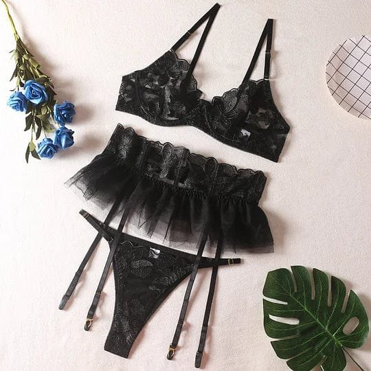 Embroidered lace three-piece lingerie set with garter skirt, photo 7