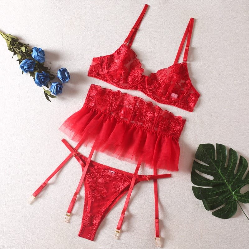 Embroidered lace three-piece lingerie set with garter skirt, photo 8