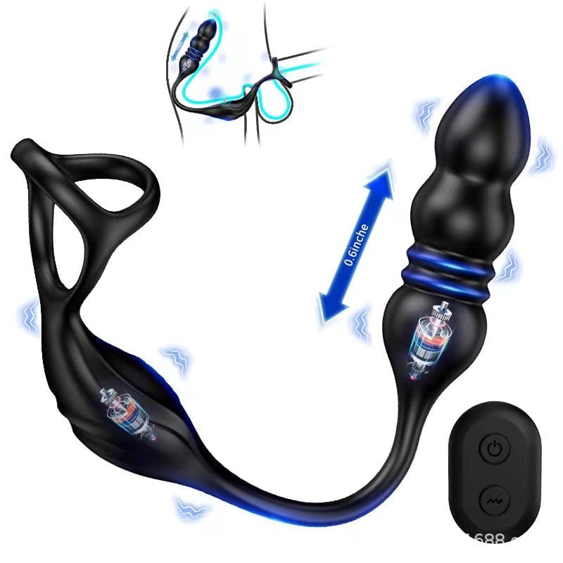 Black thrusting prostate massager with cock rings, photo 1