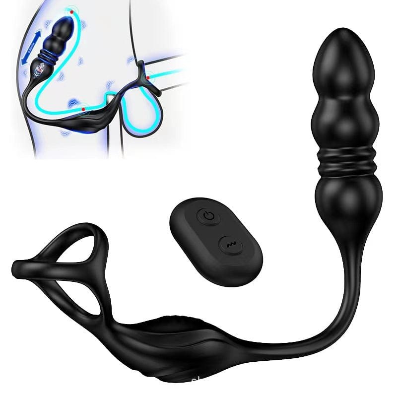 Black thrusting prostate massager with cock rings, photo 2
