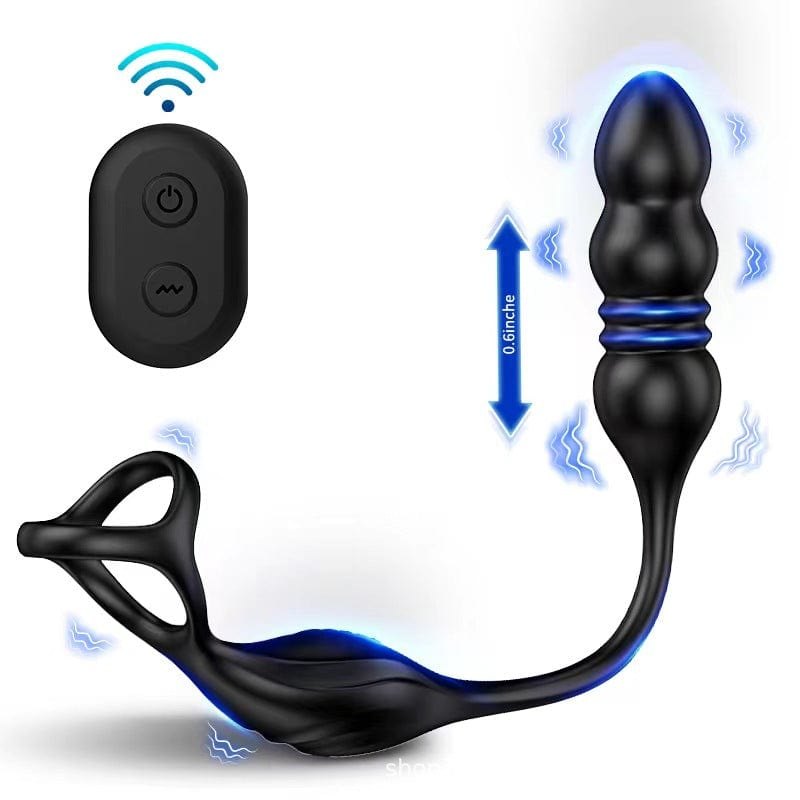 Black thrusting prostate massager with cock rings, photo 3