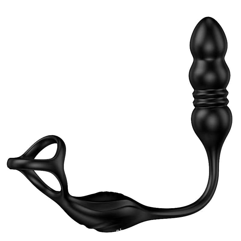 Black thrusting prostate massager with cock rings, photo 4