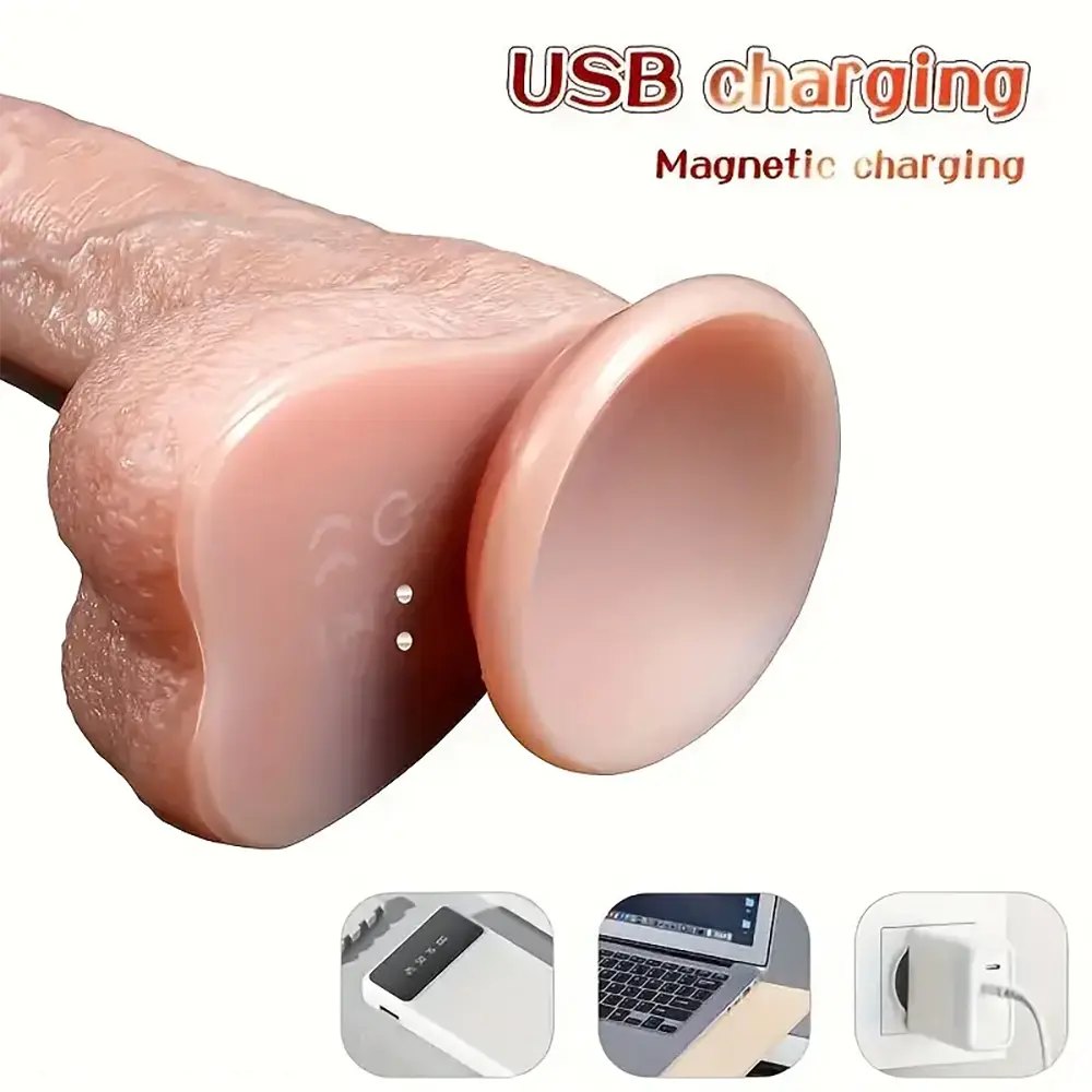 Flesh tone thrusting vibrating dildo with suction cup base and remote, photo 6