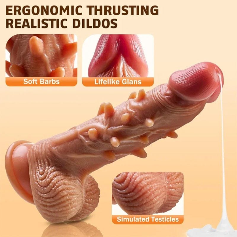 Tan realistic silicone thrusting vibrating dildo with suction cup base, photo 5