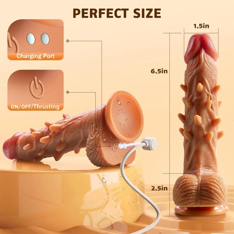 Tan realistic silicone thrusting vibrating dildo with suction cup base, photo 6