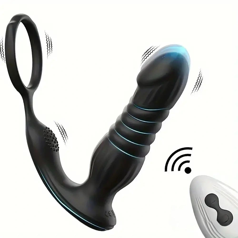 Black ribbed thrusting vibrating dildo with cock ring, photo 1