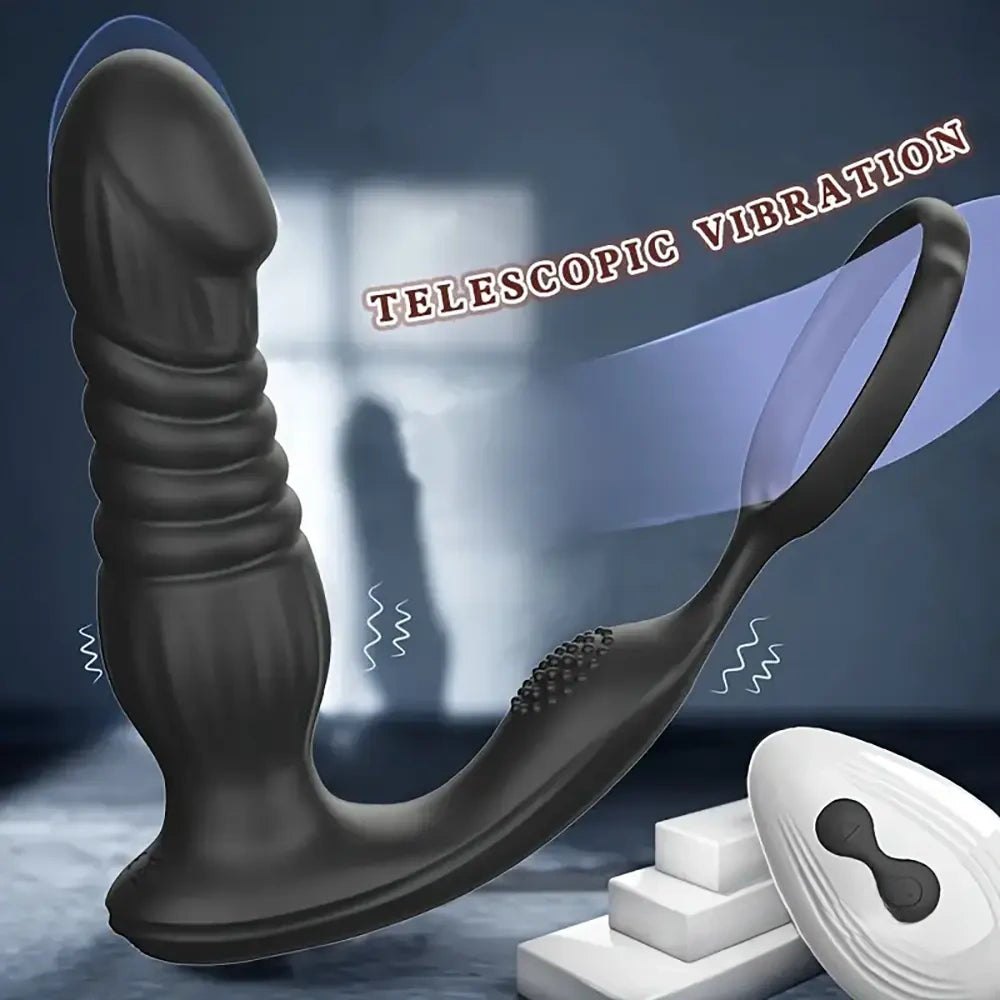 Black ribbed thrusting vibrating dildo with cock ring, photo 2