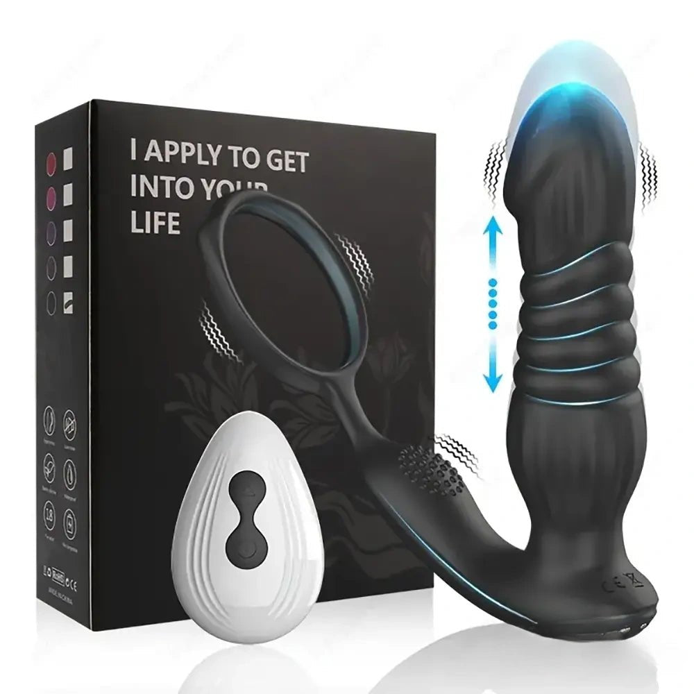 Black ribbed thrusting vibrating dildo with cock ring, photo 3