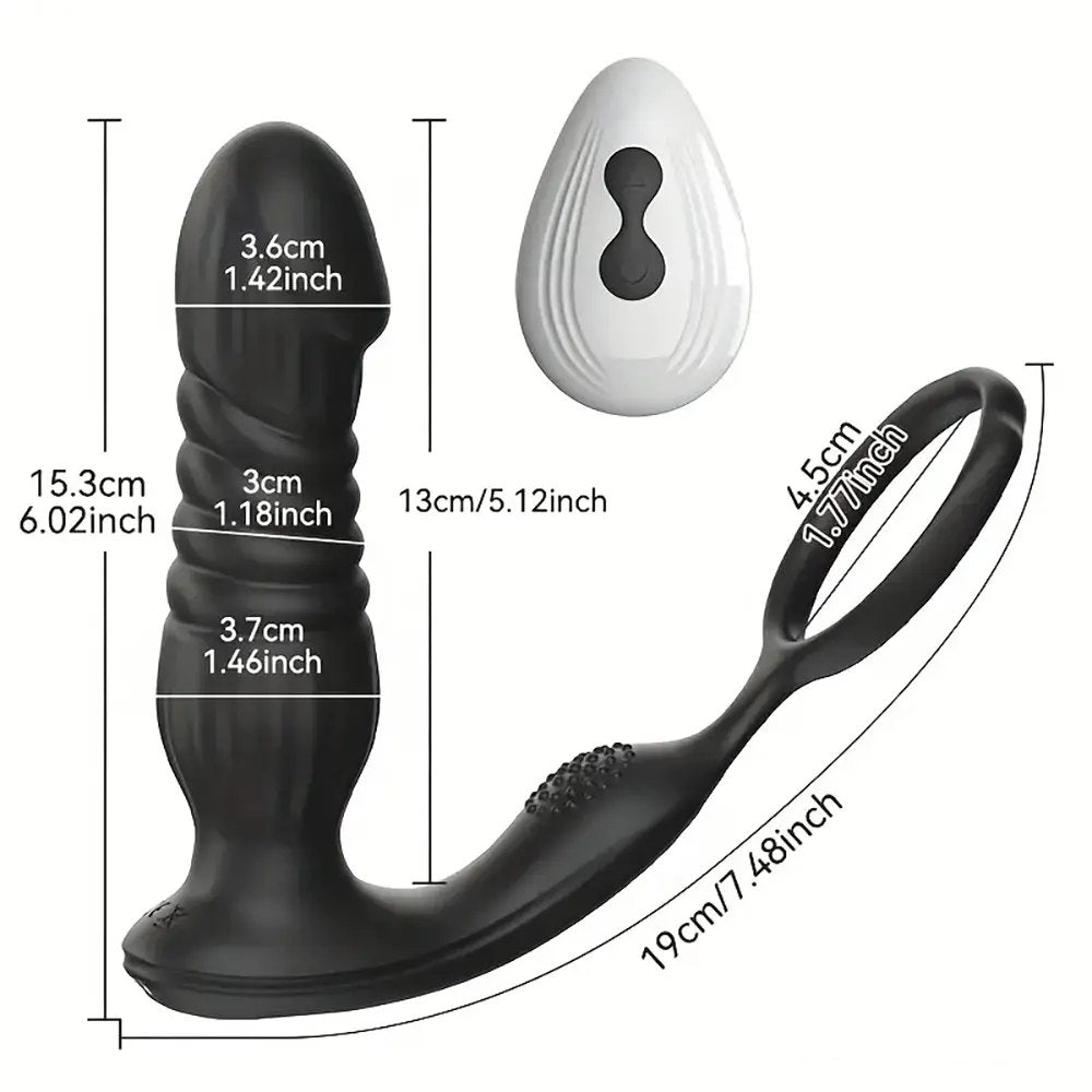 Black ribbed thrusting vibrating dildo with cock ring, photo 5