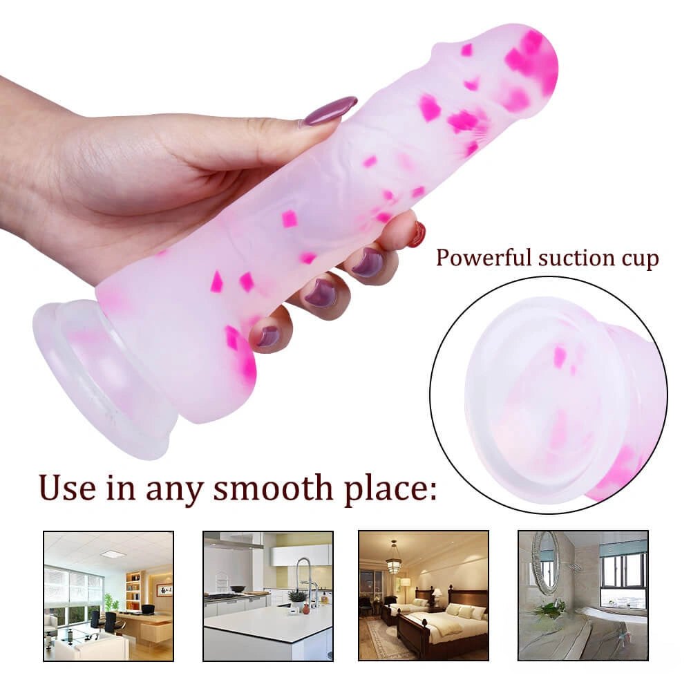 Translucent pink marbled suction cup dildo, photo 8