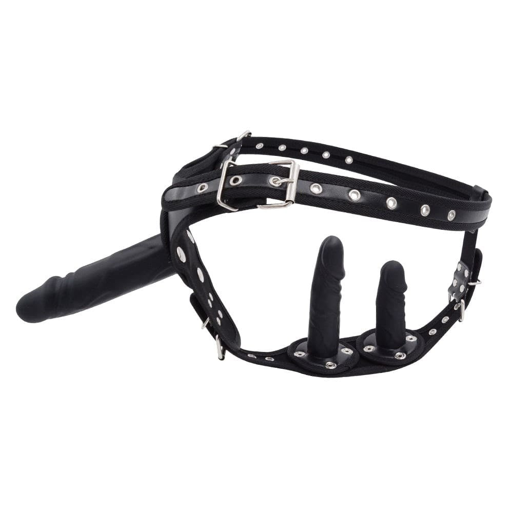 Black Pant & Black Dildo black and red strap-on harness with dildo