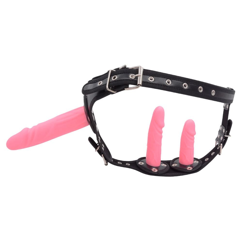 Black Pant & Pink Dildo black and red strap-on harness with dildo