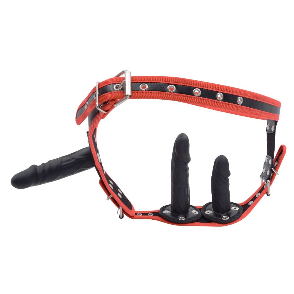 Red Pants & Black Dildo black and red strap-on harness with dildo