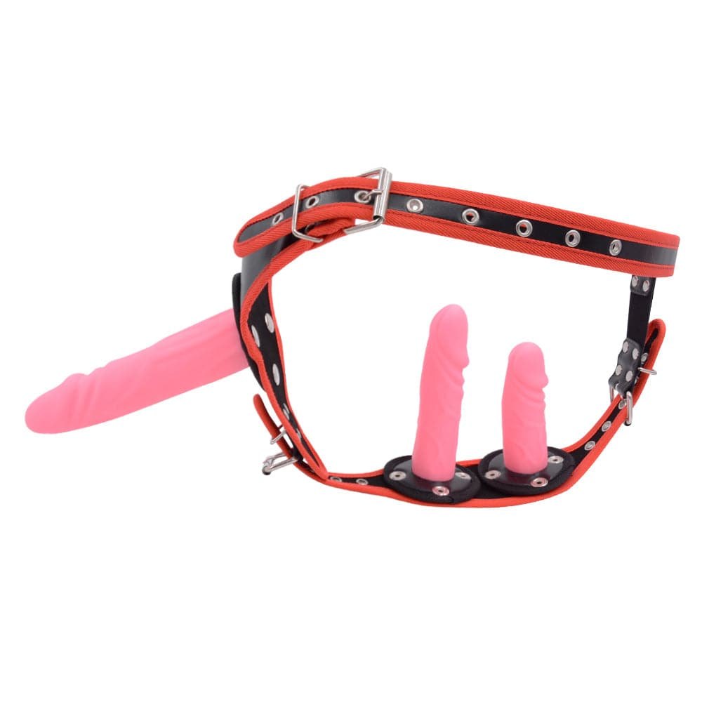 Red Pants & Pink Dildo black and red strap-on harness with dildo