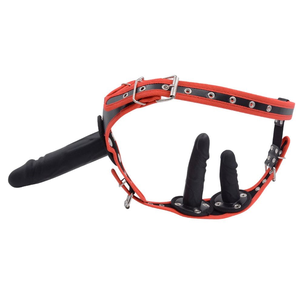 Black and red strap-on harness with dildo, photo 1