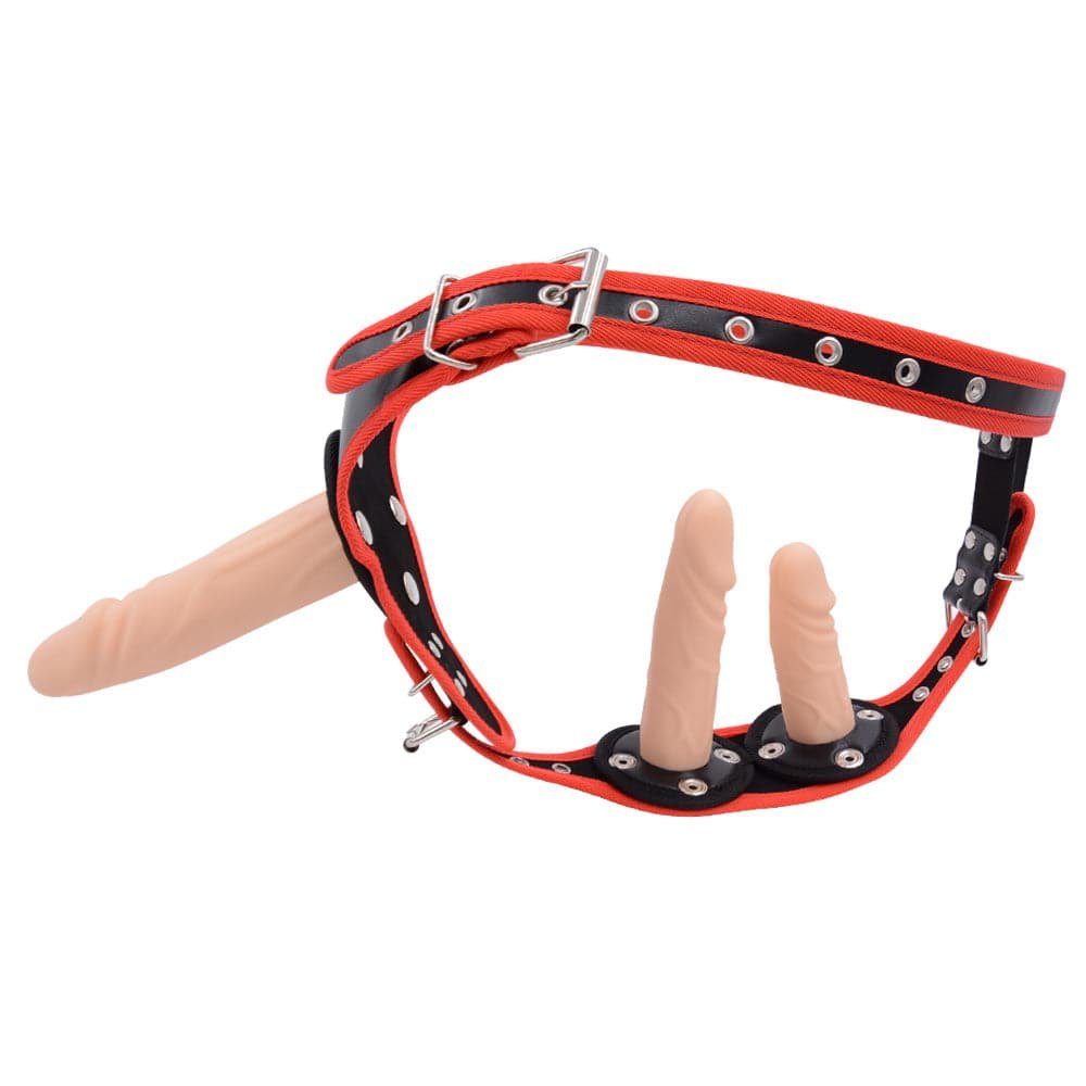 Black and red strap-on harness with dildo, photo 14