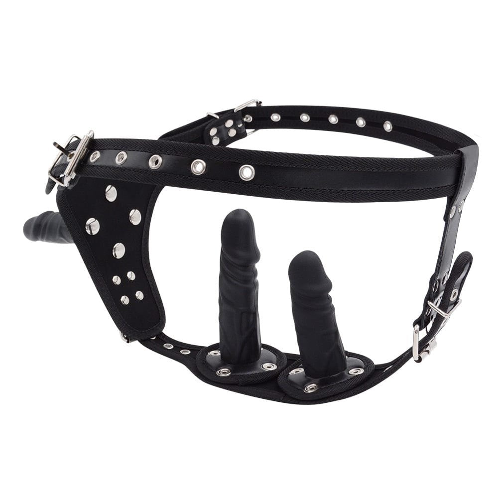 Black and red strap-on harness with dildo, photo 2