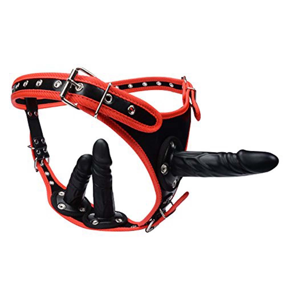 Black and red strap-on harness with dildo, photo 4