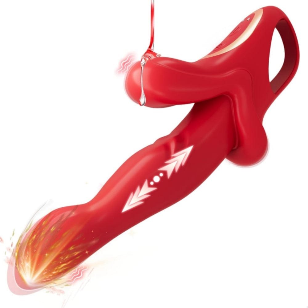 Red silicone rabbit vibrator with sliding ring, photo 1