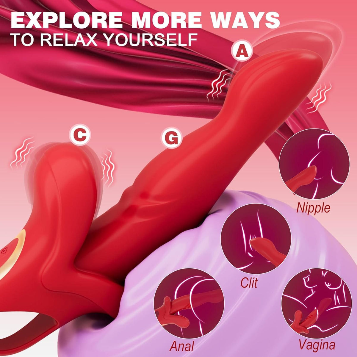 Red silicone rabbit vibrator with sliding ring, photo 3