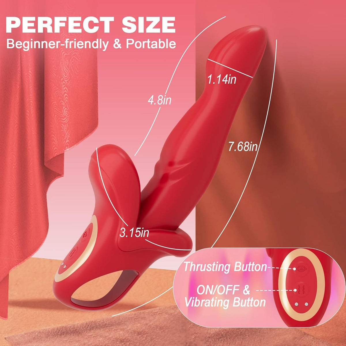 Red silicone rabbit vibrator with sliding ring, photo 5